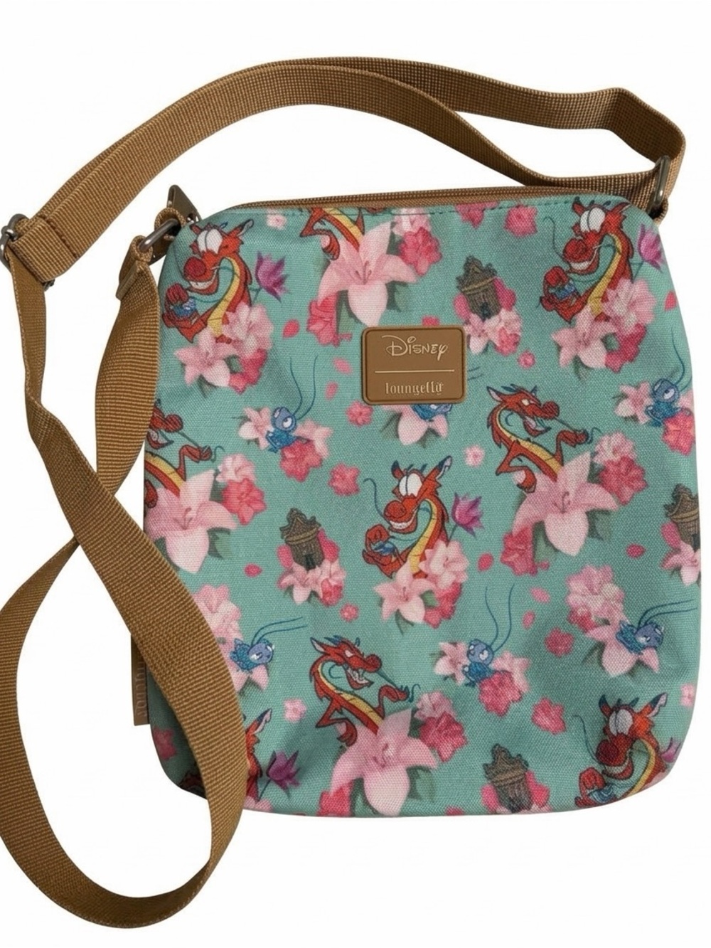Loungefly Teal Floral Mushu Crossbody Bag with Tan Strap